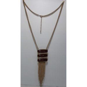 Goldtoned Womans Costume Brown Cabachon Necklace With Fringe